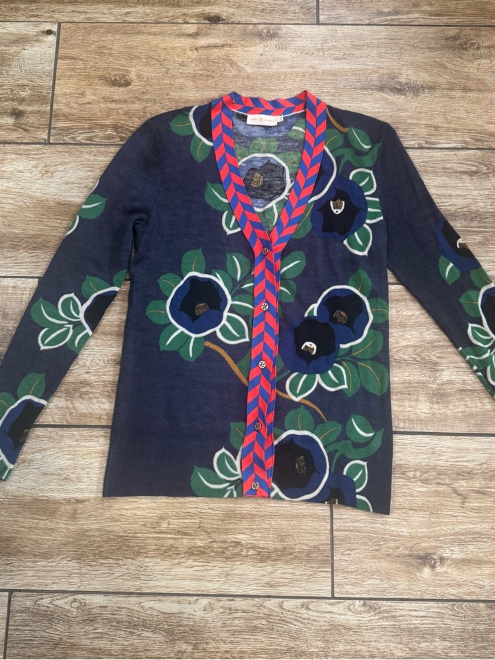 Tory Burch Thea Floral Modal Cotton Cardigan Size Medium Chervon - Picture 7 of 13